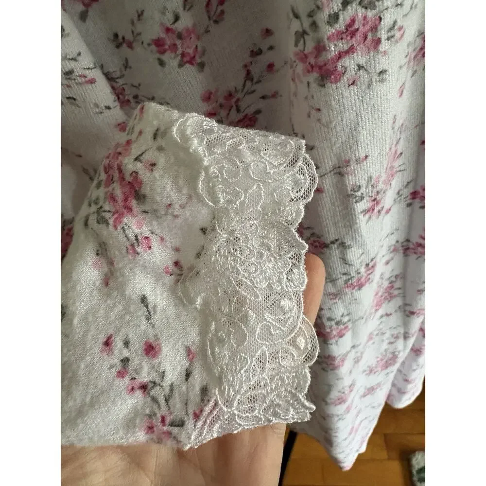 Eileen West Long Sleeve Floral Chemise Nightgown XL Pink Lace Cottage Trad Wife